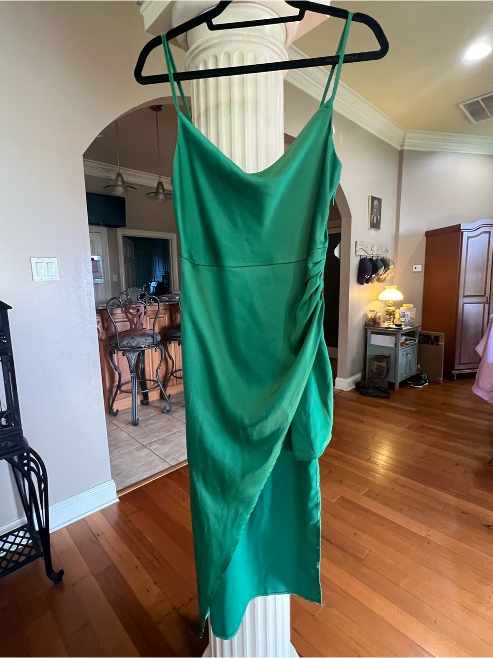 Glam Emerald Green Cowl-Neck Spaghetti-Strap Mini Dress